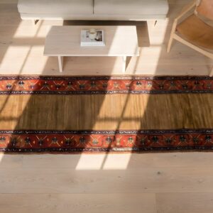 Antique Floral Wool Hand Knotted Hallway Runner Rug 1890s (SKU 22667) - styled overhead view