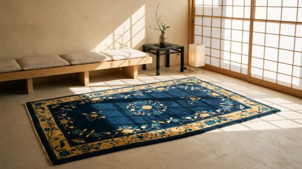 Floral inlay pattern early 20th century antique small navy blue chinese peking rug (sku 22635) - room view