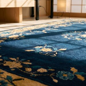 Floral Inlay Pattern Early 20th Century Antique Small Navy Blue Chinese Peking Rug (SKU 22635) - in-room detail