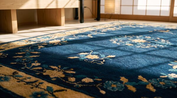 Floral inlay pattern early 20th century antique small navy blue chinese peking rug (sku 22635) - in-room detail