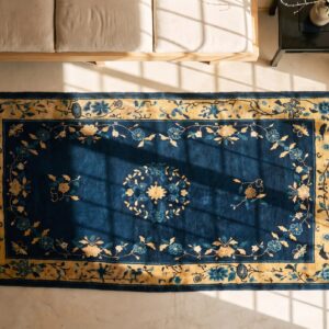 Floral Inlay Pattern Early 20th Century Antique Small Navy Blue Chinese Peking Rug (SKU 22635) - styled overhead view