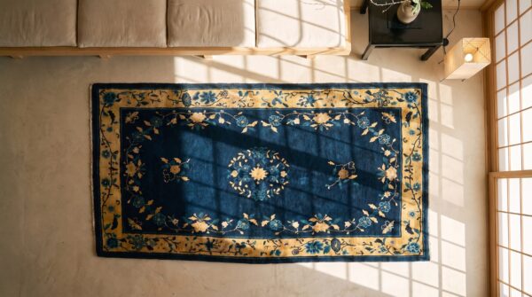 Floral inlay pattern early 20th century antique small navy blue chinese peking rug (sku 22635) - styled overhead view