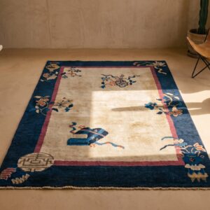 Floral Antique Hand Knotted Pile Ivory Beige Cream White 1920s Rectangle Wool Rug (SKU 23219) - room view