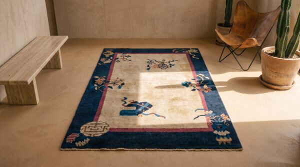 Floral antique hand knotted pile ivory beige cream white 1920s rectangle wool rug (sku 23219) - room view
