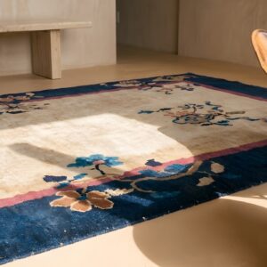 Floral Antique Hand Knotted Pile Ivory Beige Cream White 1920s Rectangle Wool Rug (SKU 23219) - in-room detail