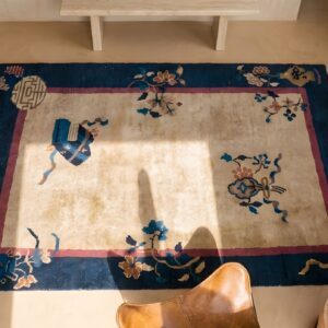 Floral Antique Hand Knotted Pile Ivory Beige Cream White 1920s Rectangle Wool Rug (SKU 23219) - styled overhead view