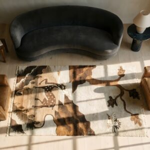 Wool Hand Knotted Pile Floral Ivory Beige Cream White Rectangle 1920s Antique Rug (SKU 22019) - styled overhead view