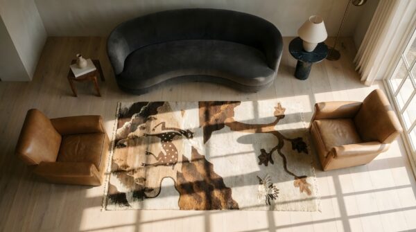 Wool hand knotted pile floral ivory beige cream white rectangle 1920s antique rug 2 Wool hand knotted pile floral ivory beige cream white rectangle 1920s antique rug (sku 22019) - styled overhead view