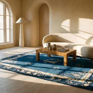 Floral Antique Late 19th Century Scenic Medallion Blue Field Chinese Room Size Peking Rug (SKU 23473) - room view