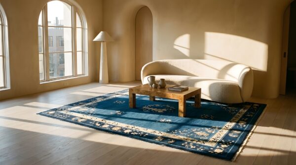 Floral antique late 19th century scenic medallion blue field chinese room size peking rug 7 Floral antique late 19th century scenic medallion blue field chinese room size peking rug (sku 23473) - room view