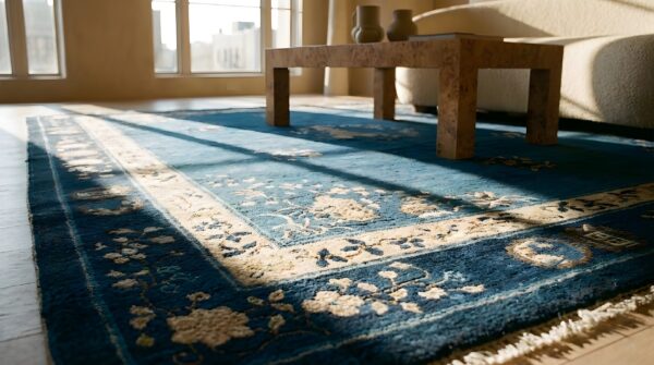 Floral antique late 19th century scenic medallion blue field chinese room size peking rug 8 Floral antique late 19th century scenic medallion blue field chinese room size peking rug (sku 23473) - in-room detail