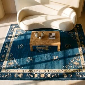 Floral Antique Late 19th Century Scenic Medallion Blue Field Chinese Room Size Peking Rug (SKU 23473) - styled overhead view