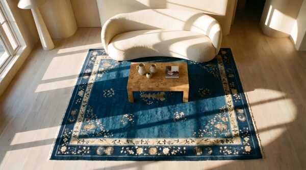 Floral antique late 19th century scenic medallion blue field chinese room size peking rug 2 Floral antique late 19th century scenic medallion blue field chinese room size peking rug (sku 23473) - styled overhead view