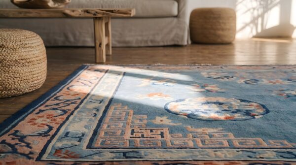 Floral antique hand knotted wool pile light blue peking chinese dragon rug 7 Floral antique hand knotted wool pile light blue peking chinese dragon rug (sku 22949) - in-room detail