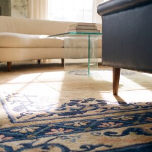 Floral Medallion 1920s Hand Knotted Pile Coral / Salmon Pink Wool Rectangle Antique Rug (SKU 25279) - in-room detail