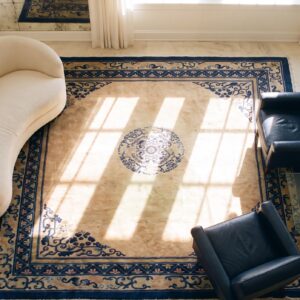 Floral Medallion 1920s Hand Knotted Pile Coral / Salmon Pink Wool Rectangle Antique Rug (SKU 25279) - styled overhead view