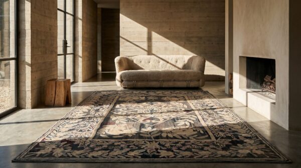 Hand knotted pile floral medallion antique wool american usa 1930s rug 5 Hand knotted pile floral medallion antique wool american usa 1930s rug (sku 19169) - room view