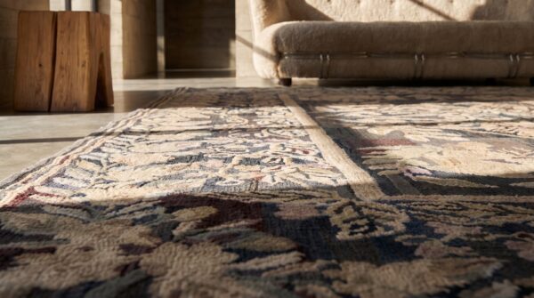 Hand knotted pile floral medallion antique wool american usa 1930s rug 6 Hand knotted pile floral medallion antique wool american usa 1930s rug (sku 19169) - in-room detail