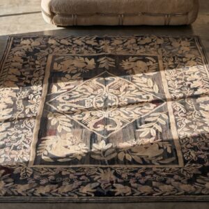 Hand Knotted Pile Floral Medallion Antique Wool American Usa 1930s Rug (SKU 19169) - styled overhead view