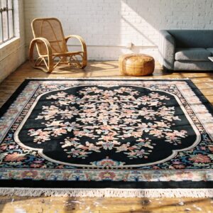 Antique Floral Medallion Wool Hand Knotted Pile Black 1920s Rug (SKU 22342) - room view