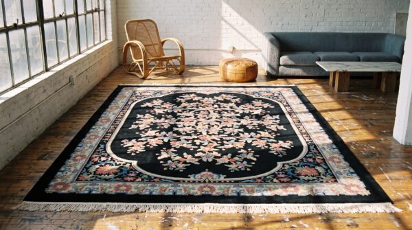 Antique floral medallion wool hand knotted pile black 1920s rug 12 Antique floral medallion wool hand knotted pile black 1920s rug (sku 22342) - room view