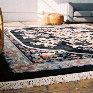 Antique Floral Medallion Wool Hand Knotted Pile Black 1920s Rug (SKU 22342) - in-room detail