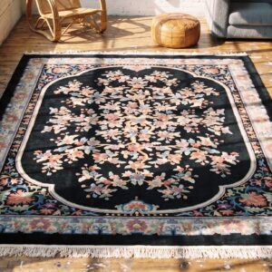 Antique Floral Medallion Wool Hand Knotted Pile Black 1920s Rug (SKU 22342) - styled overhead view