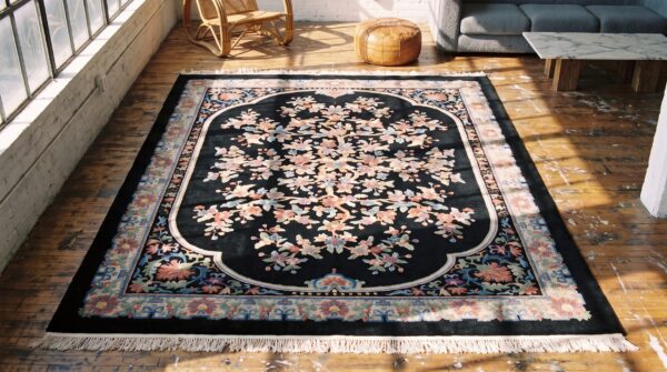 Antique floral medallion wool hand knotted pile black 1920s rug 2 Antique floral medallion wool hand knotted pile black 1920s rug (sku 22342) - styled overhead view