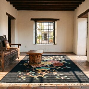 Floral Medallion Black Wool 1920s Antique Hand Knotted Pile Rectangle Rug (SKU 25533) - room view