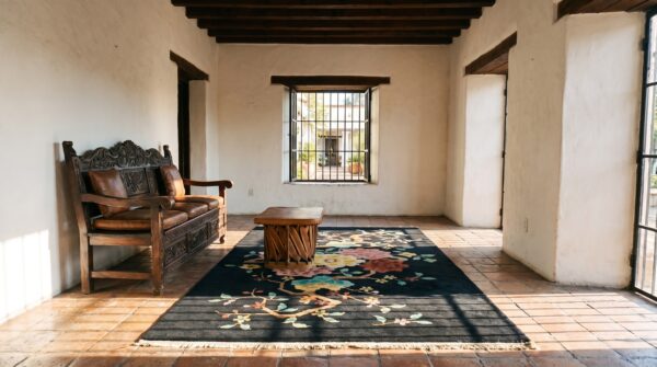 Floral medallion black wool 1920s antique hand knotted pile rectangle rug 8 Floral medallion black wool 1920s antique hand knotted pile rectangle rug (sku 25533) - room view