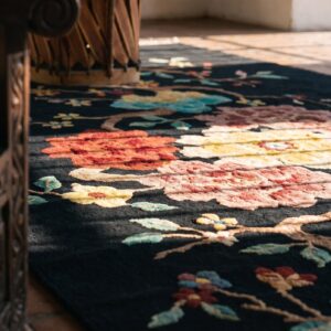 Floral Medallion Black Wool 1920s Antique Hand Knotted Pile Rectangle Rug (SKU 25533) - in-room detail
