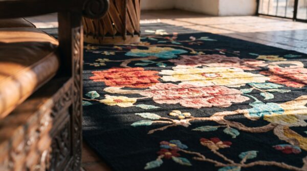 Floral medallion black wool 1920s antique hand knotted pile rectangle rug 9 Floral medallion black wool 1920s antique hand knotted pile rectangle rug (sku 25533) - in-room detail
