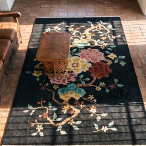 Floral Medallion Black Wool 1920s Antique Hand Knotted Pile Rectangle Rug (SKU 25533) - styled overhead view