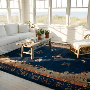 Floral Medallion Blue Antique 1920s Large Wool Rectangle Hand Knotted Pile Rug (SKU 25594) - room view