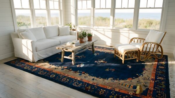 Floral medallion blue antique 1920s large wool rectangle hand knotted pile rug (sku 25594) - room view