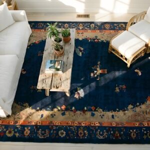 Floral Medallion Blue Antique 1920s Large Wool Rectangle Hand Knotted Pile Rug (SKU 25594) - styled overhead view