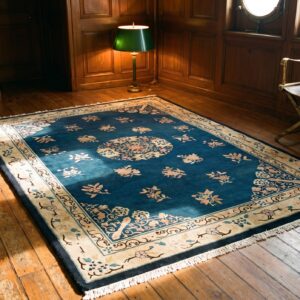 Antique Floral Medallion Wool Pile Hand Knotted Blue Chinese Peking Rug (SKU 22743) - room view
