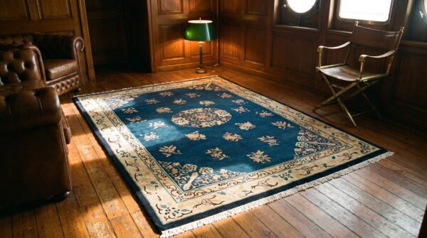 Antique floral medallion wool pile hand knotted blue chinese peking rug 6 Antique floral medallion wool pile hand knotted blue chinese peking rug (sku 22743) - room view