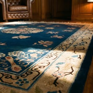Antique Floral Medallion Wool Pile Hand Knotted Blue Chinese Peking Rug (SKU 22743) - in-room detail