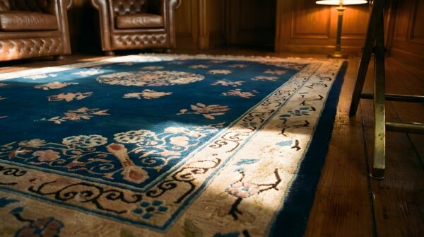 Antique floral medallion wool pile hand knotted blue chinese peking rug 7 Antique floral medallion wool pile hand knotted blue chinese peking rug (sku 22743) - in-room detail