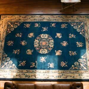 Antique Floral Medallion Wool Pile Hand Knotted Blue Chinese Peking Rug (SKU 22743) - styled overhead view