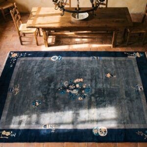 Antique Floral Medallion Wool Hand Knotted Pile Gray 1920s Rug (SKU 22956) - styled overhead view