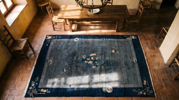 Antique floral medallion wool hand knotted pile gray 1920s rug 2 Antique floral medallion wool hand knotted pile gray 1920s rug (sku 22956) - styled overhead view
