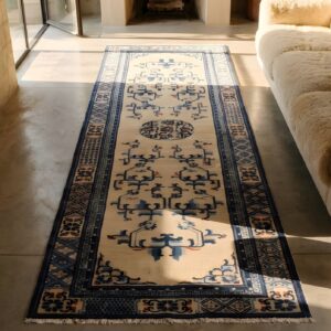 Floral Medallion Hand Knotted Wool Ivory Beige Cream White Antique 1900s Hallway Runner Rug (SKU 22202) - styled overhead view
