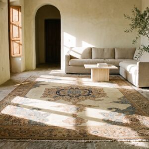 Antique Floral Medallion Wool Hand Knotted Pile Ivory Beige Cream White 1930s Rug (SKU 20810) - room view