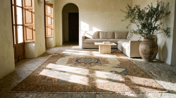 Antique floral medallion wool hand knotted pile ivory beige cream white 1930s rug 6 Antique floral medallion wool hand knotted pile ivory beige cream white 1930s rug (sku 20810) - room view