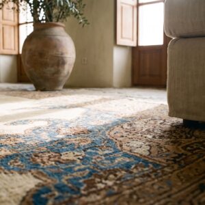 Antique Floral Medallion Wool Hand Knotted Pile Ivory Beige Cream White 1930s Rug (SKU 20810) - in-room detail