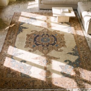 Antique Floral Medallion Wool Hand Knotted Pile Ivory Beige Cream White 1930s Rug (SKU 20810) - styled overhead view
