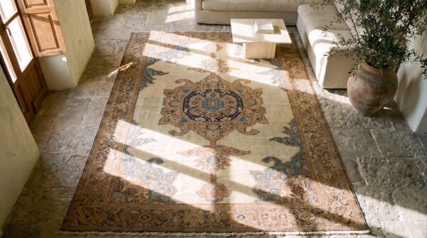 Antique floral medallion wool hand knotted pile ivory beige cream white 1930s rug 2 Antique floral medallion wool hand knotted pile ivory beige cream white 1930s rug (sku 20810) - styled overhead view