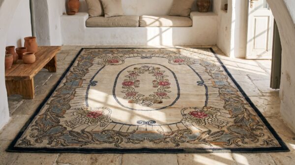 Floral medallion ivory beige cream white rectangle 1930s hooked - loop pile wool & cotton antique rug 6 Floral medallion ivory beige cream white rectangle 1930s hooked - loop pile wool & cotton antique rug (sku 17452) - room view